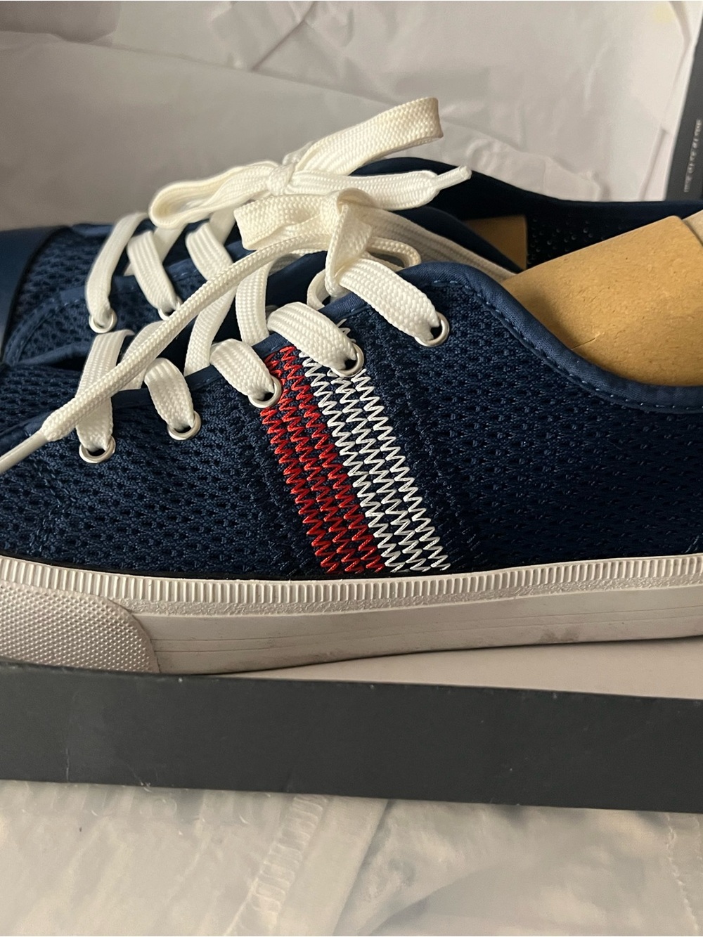Tommy Hilfiger Navy Knit Sneakers with Red & White Stripe